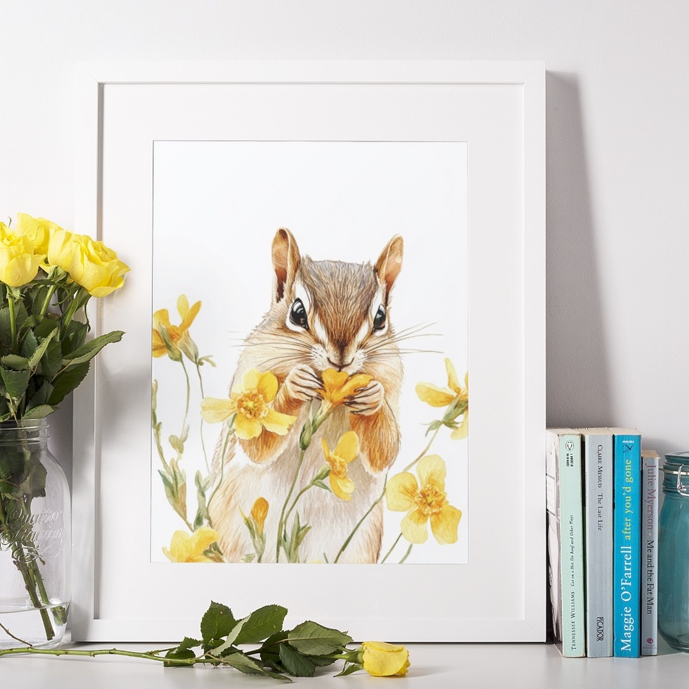 Watercolor Floral Chipmunk Portrait Wall Art Illustration Print Poster Unframed - Picture 9 of 9